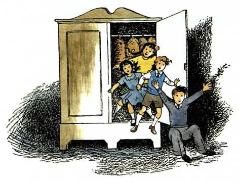 Drawing of two boys and two girls in 1940s clothing bursting out of a wardrobe, back into the room they had left.