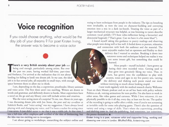 Clipping of Poetry News article headed "Voice Recognition", with inset photo of Kirsten Irving recording in the booth.