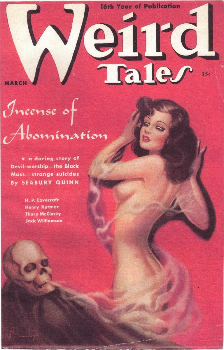 A naked pinup girl on the cover of Weird Tales, beside a skull