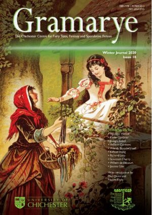 Cover of Gramarye issue 18. Snow White is sat on a leafy ledge in a red and white dress, with roses in her long, dark hair. She is reaching down into a basket of apples held by an old peasant woman in a brown dress with red shawl.