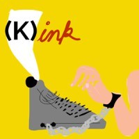 A yellow background with a hand cuffed to a grey shoe and the word "(K)ink"