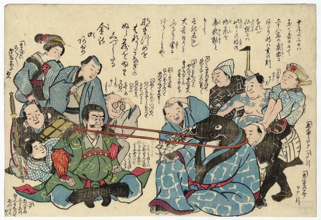 A Japanese print featuring mant well-dressed Edo-era people watching a samurai in green robes battle a black catfish in blue robes. They each have one end of a loop of red ropes around their necks and are battling to pull it to their respectives sides.