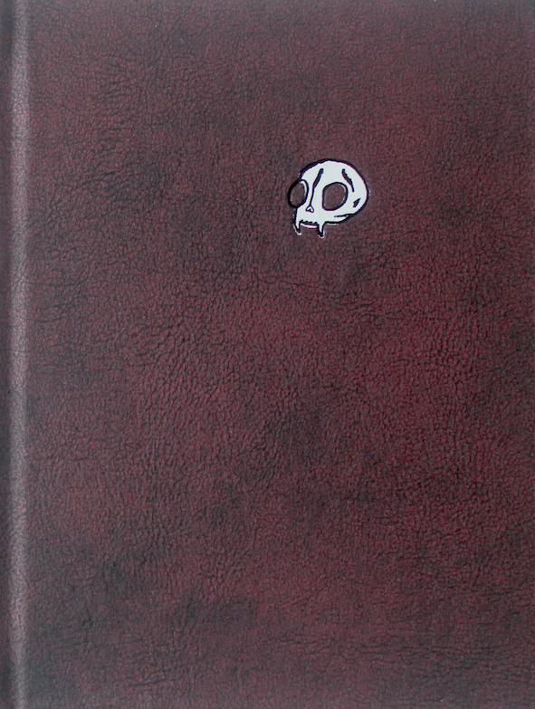 Hot Cockalorum poetry book, with plum-coloured leather cover with embossed white cartoon cat skull