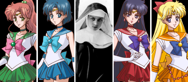 Four magical anime girls from Sailor Moon, in bright uniforms. In the middle is a black and white picture of Nastassja Kinski as a young nun.