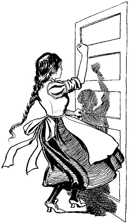 A line drawing of a young servant girl hammering on a closed door.